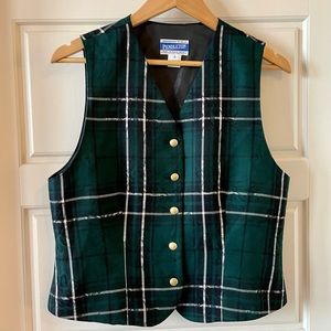 VTG Pendleton Wool Vest in Green & Black Plaid with Floral Jacquard Size 10